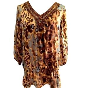 Dressbarn Boho Blouse Women 1X Brown Leopard Beaded Mob Wife 3/4 Sleeve Top